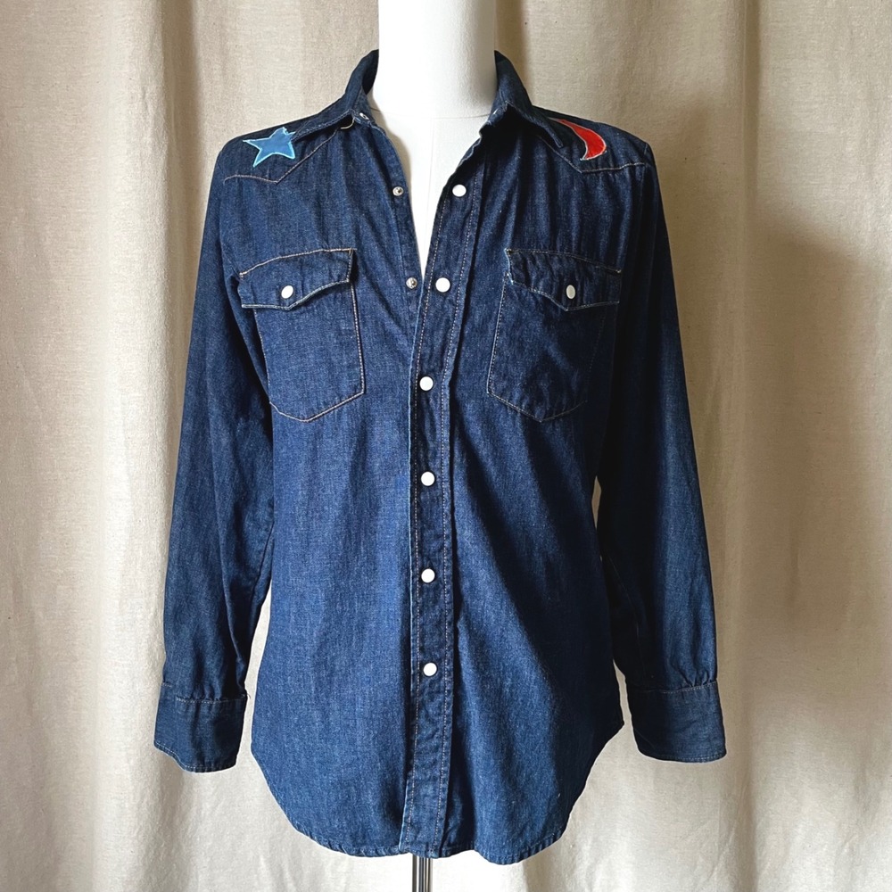 Vintage 1970s Bar C by Carwood Denim Western Shirt M Celestial Snap Button USA